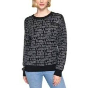 NWT KARL LAGERFELD PARIS Black & Silver Sparkle Pullover Logo Sweater Size XL